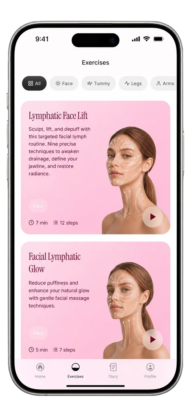 LymphFlow exercise library showing lymphatic drainage face routines with drainage direction arrows