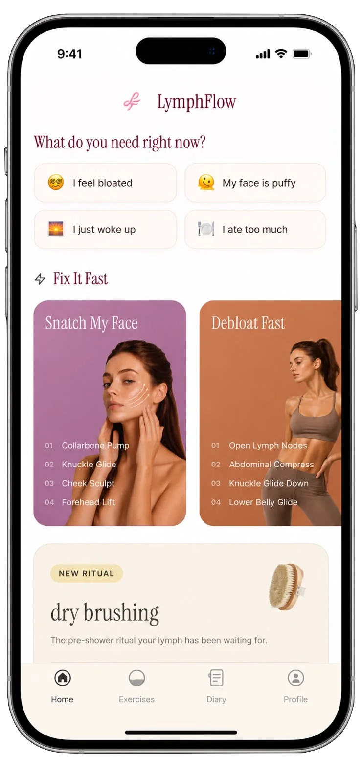 LymphFlow home screen with quick depuff and debloat routines like Snatch My Face and Debloat Fast