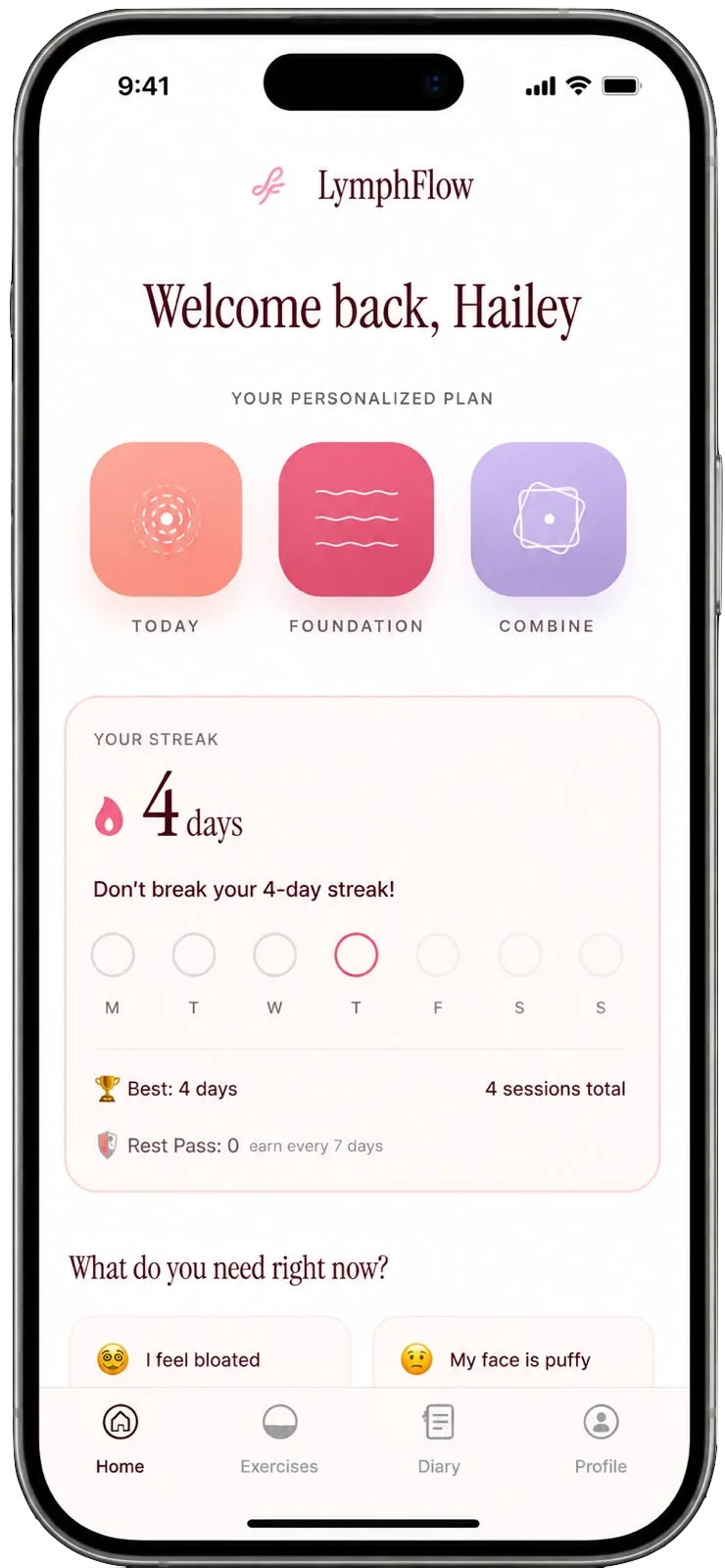 LymphFlow personalized lymphatic drainage plan with daily streak tracking and rest passes